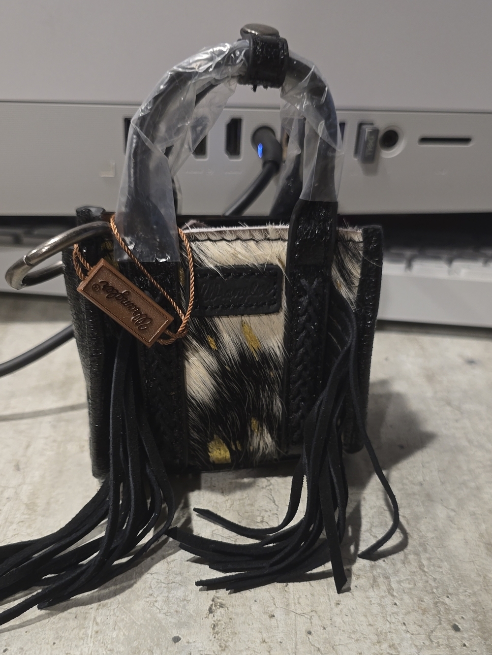 Wrangler Black and Cream Fringed Mini Tote Keychain